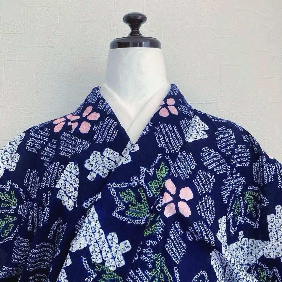 みっちん。 有松鳴海絞り浴衣・蜘蛛絞り 花模様　手縫い 広襟　No.-66