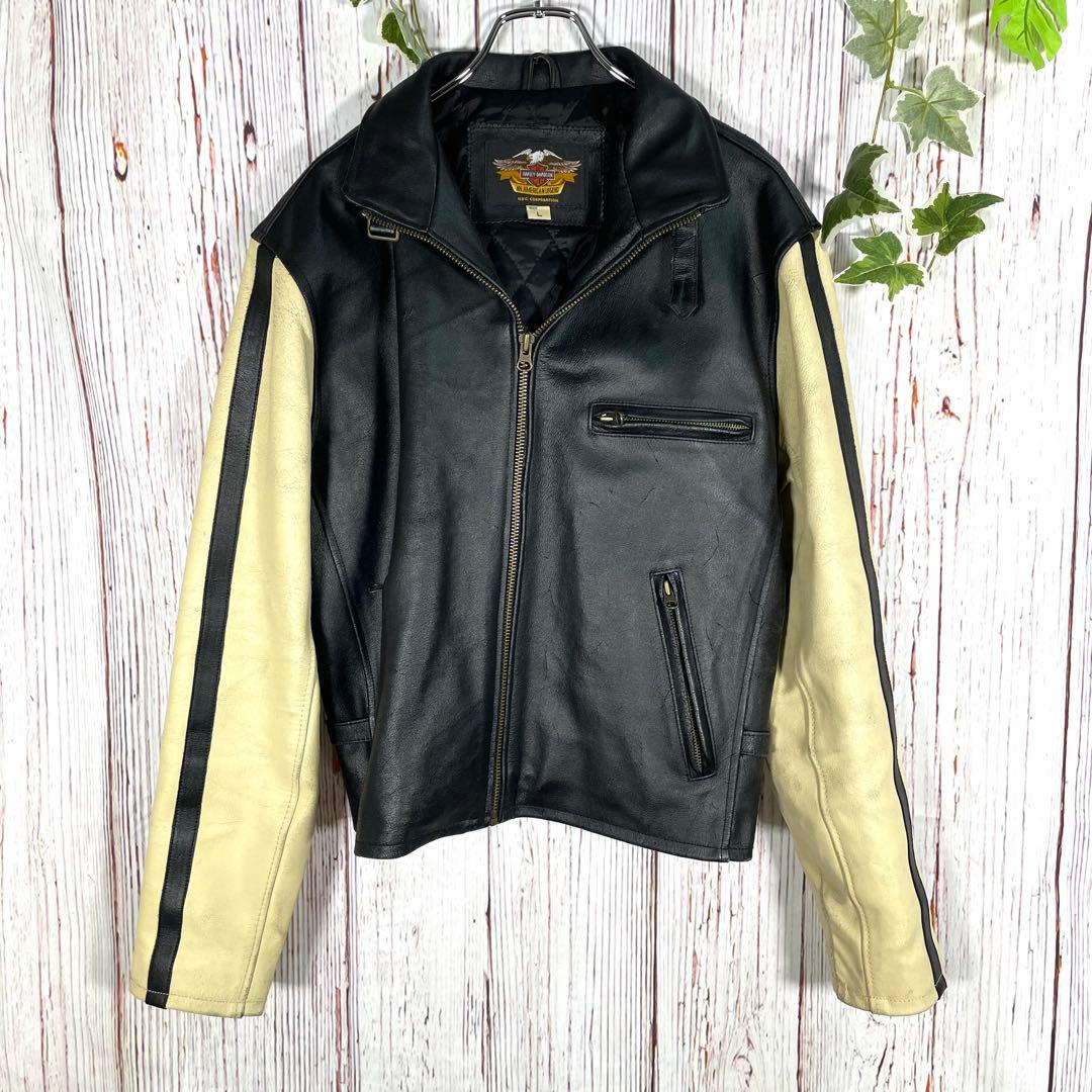 【希少】ハーレーダビッドソンレザージャケットシングルライダースヴィンテージ　刺繍