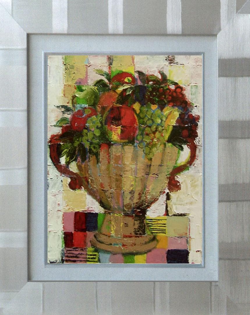 油絵 菅家令子 絵画インテリア 額付(青緑＋金色の枠 )uF6-113002果物