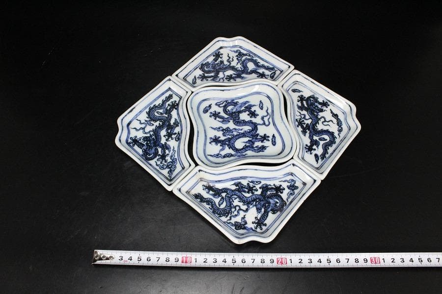 中国美術 青花 雲龍紋 組皿 新渡 皿 五件 送料無料