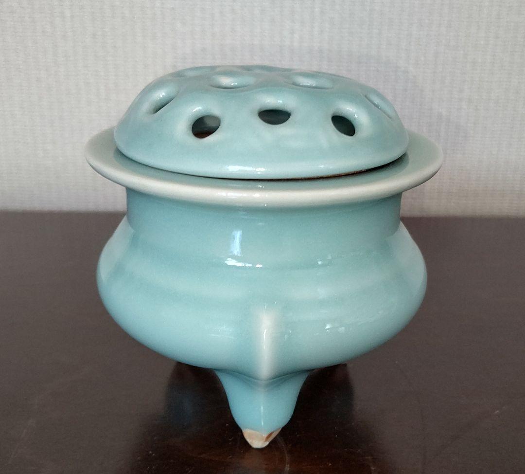 平安洛山作 香炉 三足炉 青瓷香爐 木箱入