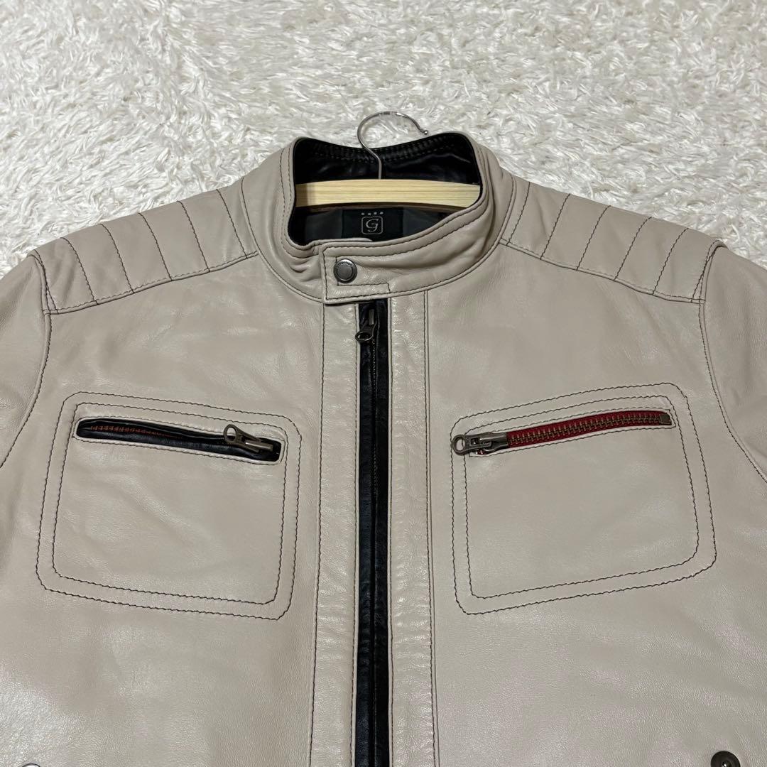 極美品　G-STAGE シングルライダースジャケット ライトグレー　羊革　M
