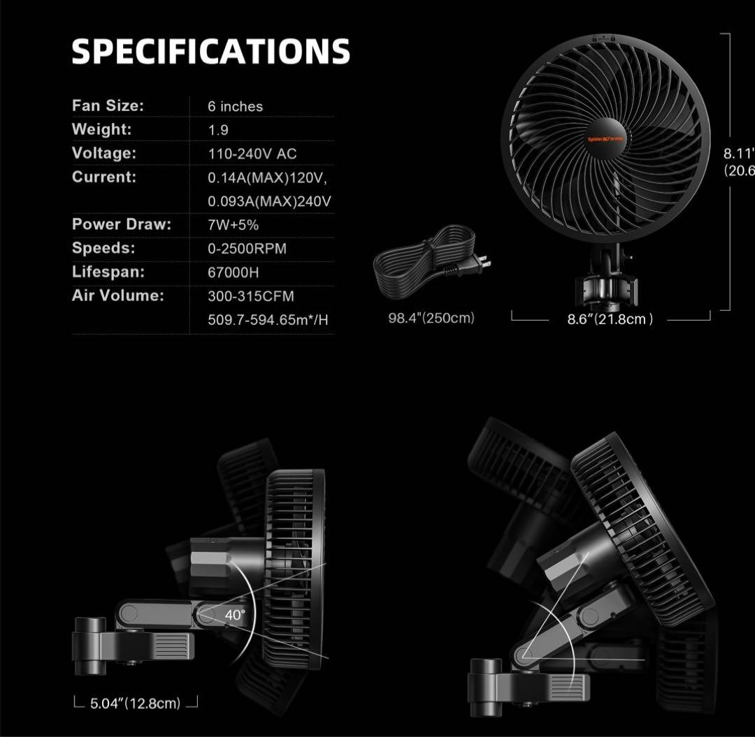 Spider Farmer ６インチクリップオンファン x3