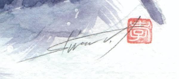 水彩アート「冬の集落　深」1点物、手描き、真筆。