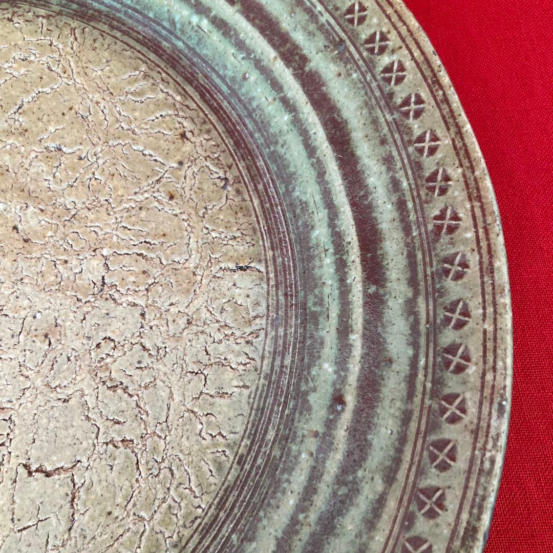 最終値下げ★永見鴻人作　迫力ある 大皿　印花文緑釉板造皿　陶芸　飾り皿　骨董品