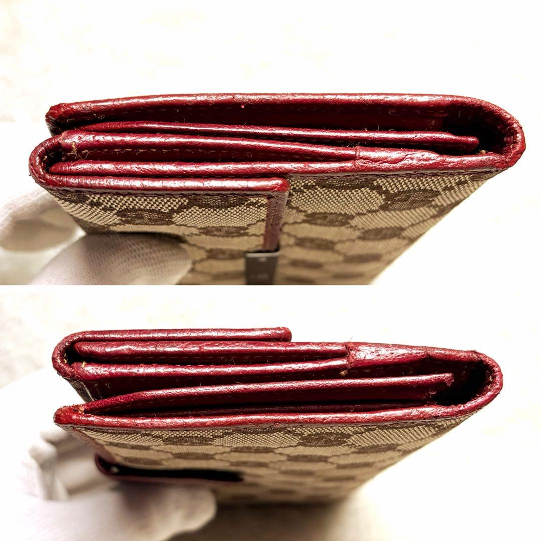 美品 GUCCI グッチ GGキャンバス レザー Wホック 長財布 ボルドー