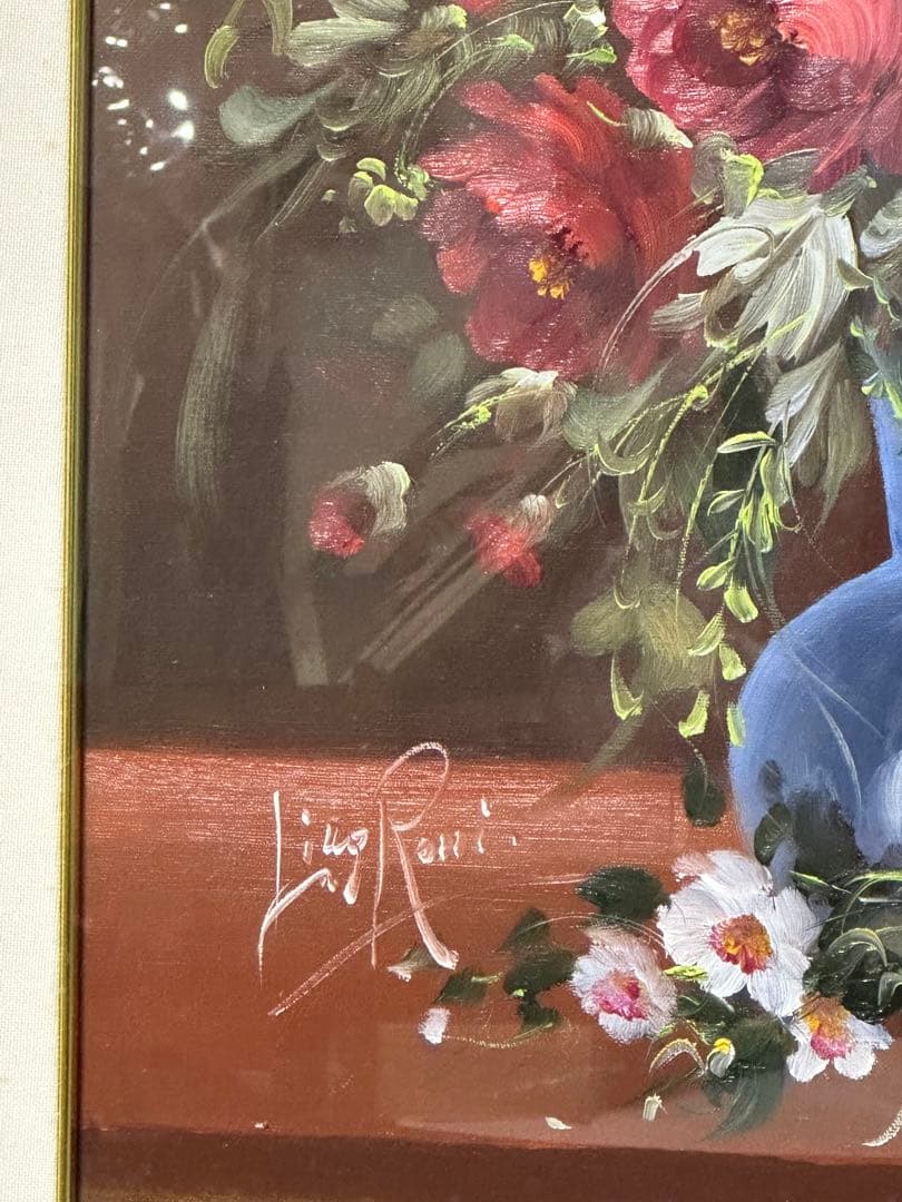 最終価格　真作絵画　リナ・ロッシ フラワーア-ト油彩 肉筆 美術品 薔薇コスモス