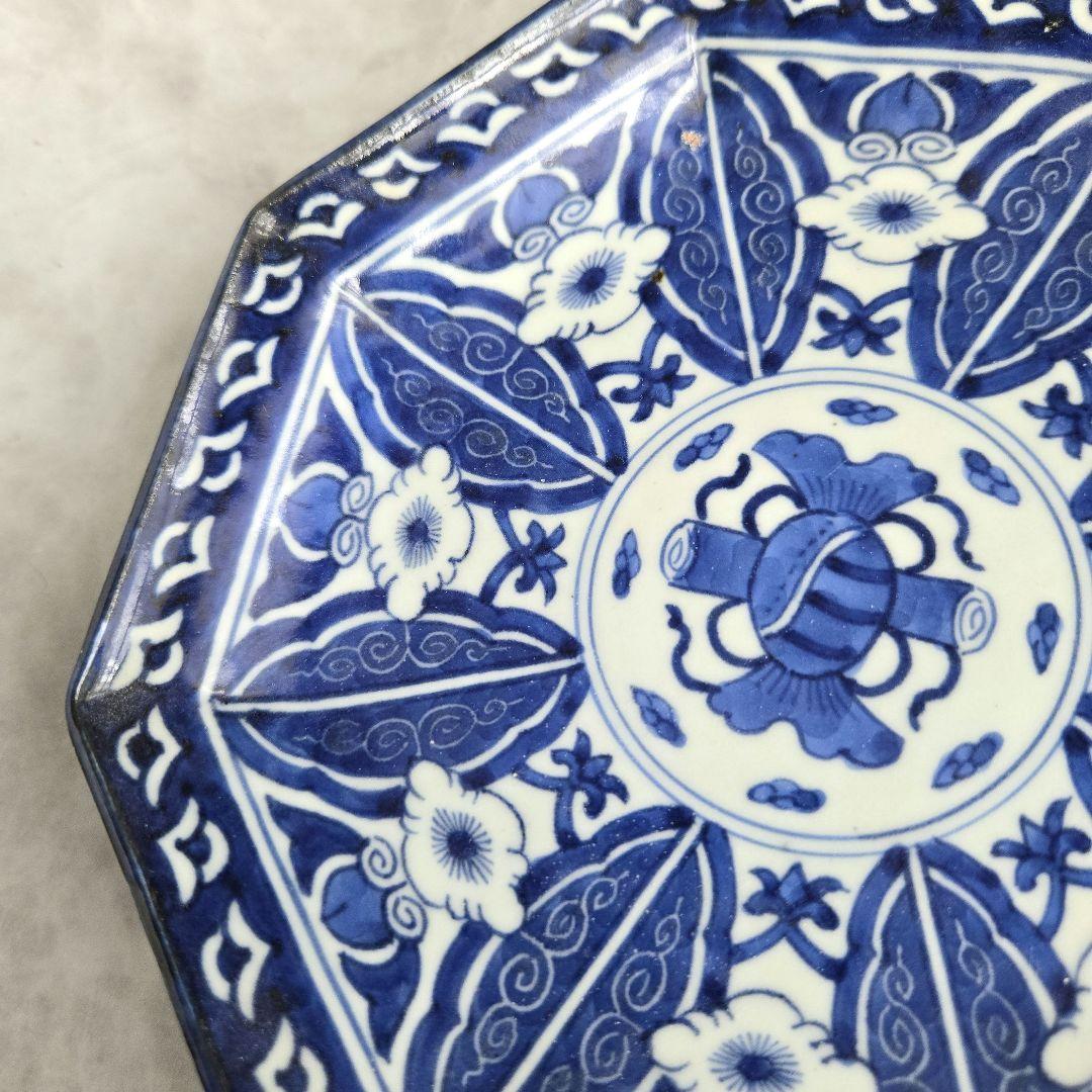 無傷完品　古伊万里　染付　八角　六寸皿　金継ぎ　アンティーク　骨董　江戸時代