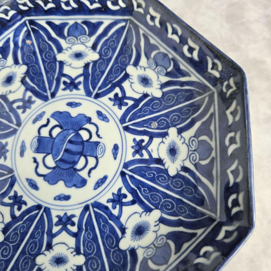 無傷完品　古伊万里　染付　八角　六寸皿　金継ぎ　アンティーク　骨董　江戸時代