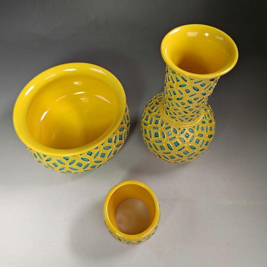 イ481 皆具『赤沢露石作』『黄交趾　皆具　共箱』水指　建水　杓立　蓋置　茶道具