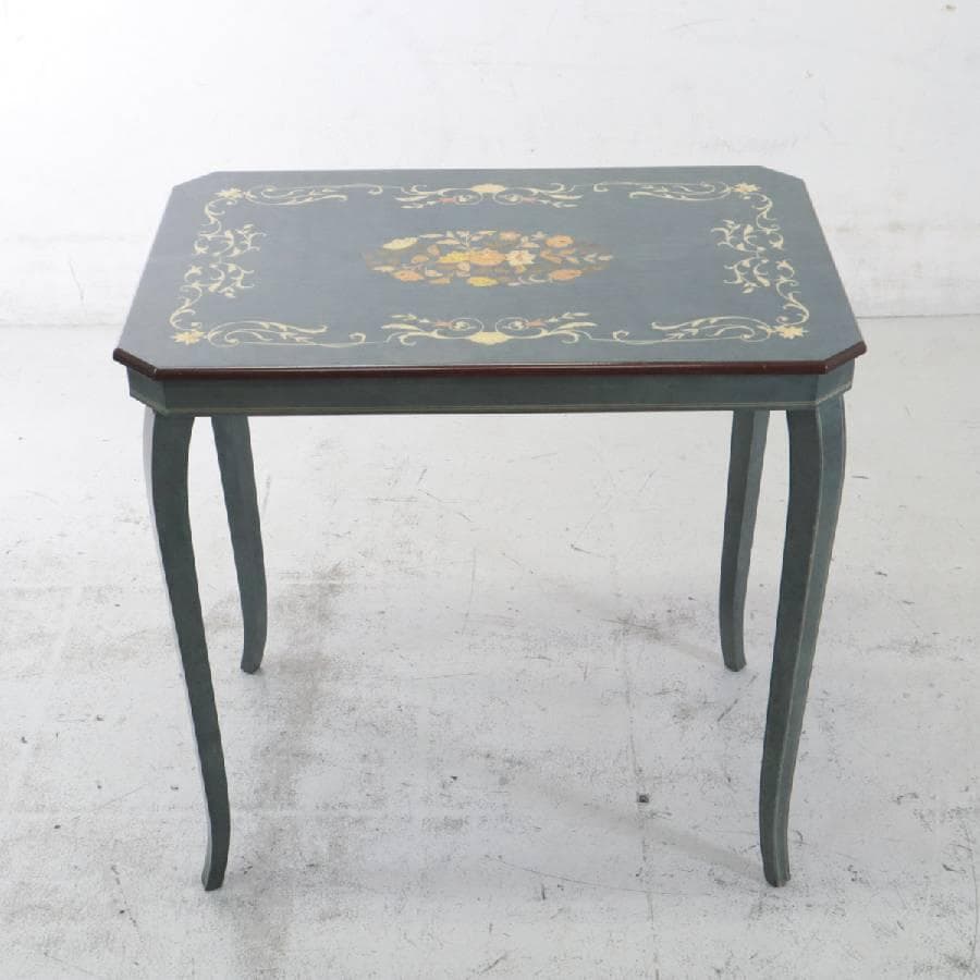 イタリア製クラシカル家具 象嵌細工 猫脚 サイドテーブル グリーン系 鏡面仕上げ