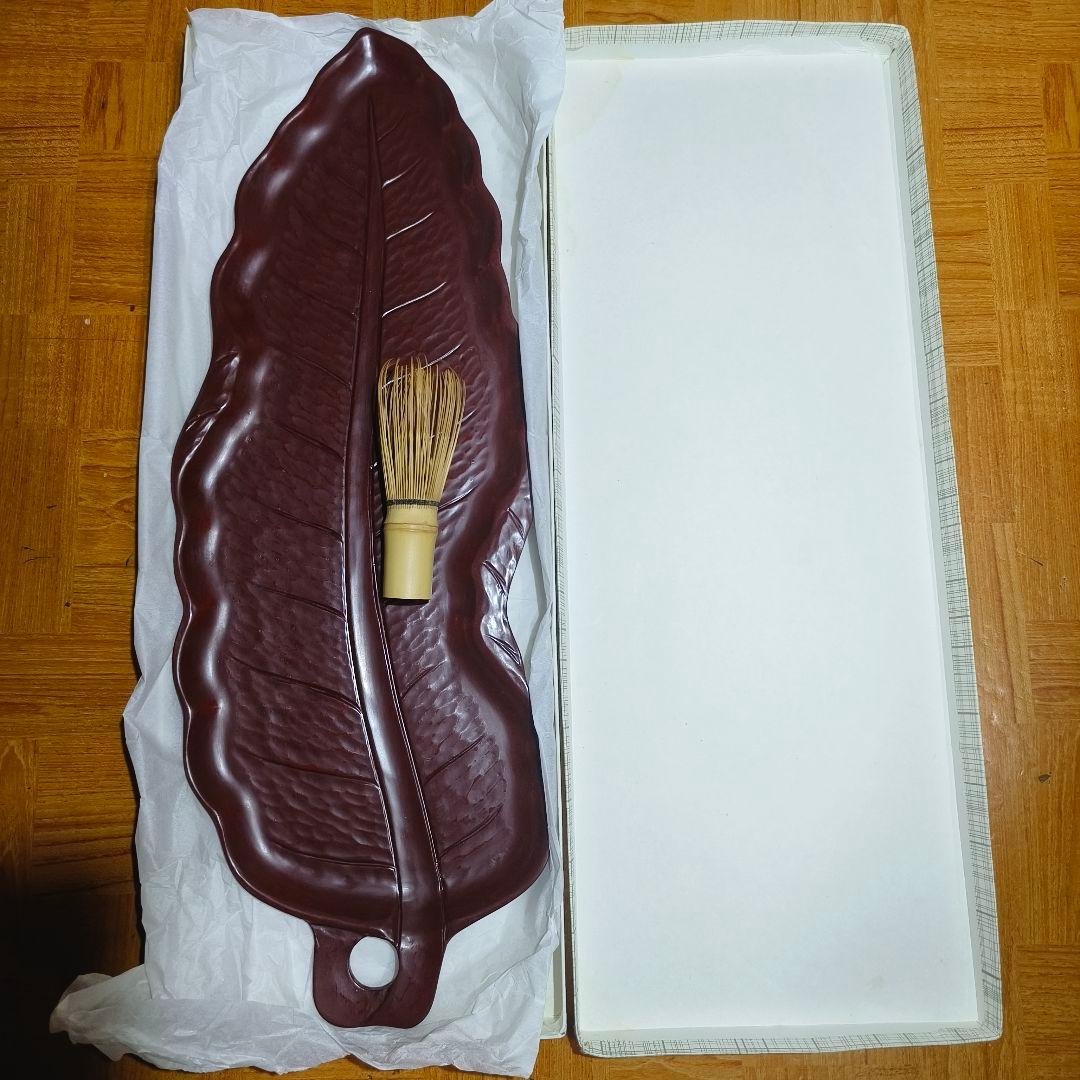 煎茶道具 鎌倉彫 47cm朱塗葉盆 手彫り 木製漆器 未使用美品 旧家蔵出時代物