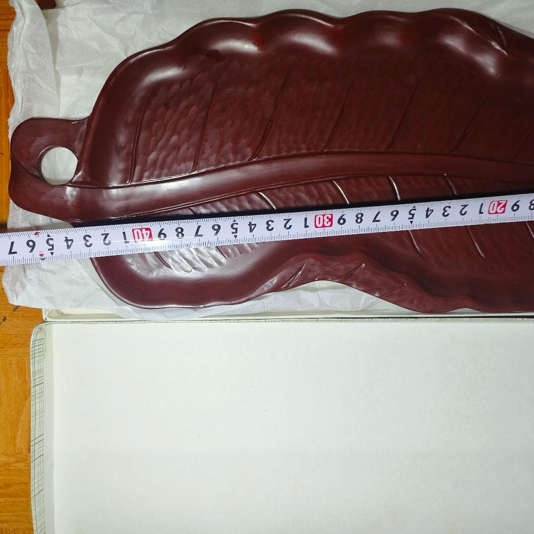 煎茶道具 鎌倉彫 47cm朱塗葉盆 手彫り 木製漆器 未使用美品 旧家蔵出時代物