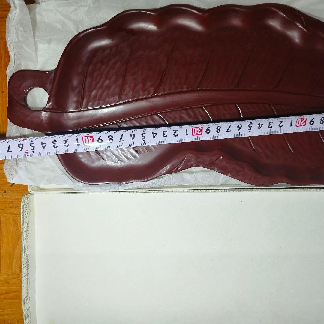 煎茶道具 鎌倉彫 47cm朱塗葉盆 手彫り 木製漆器 未使用美品 旧家蔵出時代物