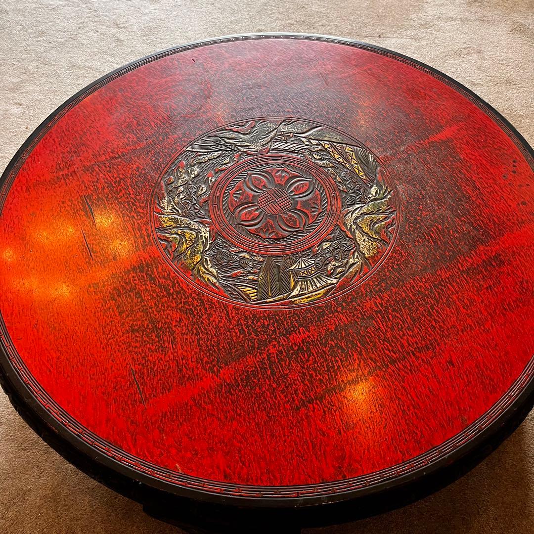 中国骨董 唐家具 飾彫り 円卓 座卓 ちゃぶ台 センターテーブル 古家具レトロ