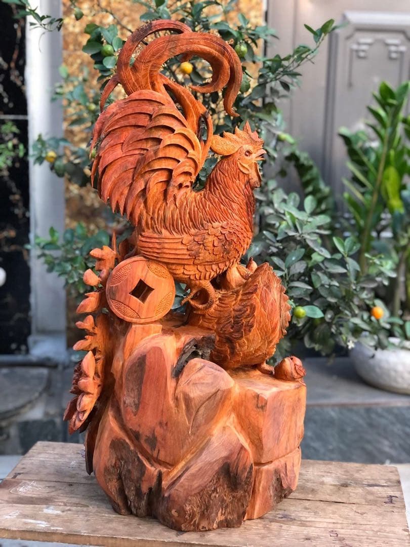 木製鶏の彫刻 (新品)