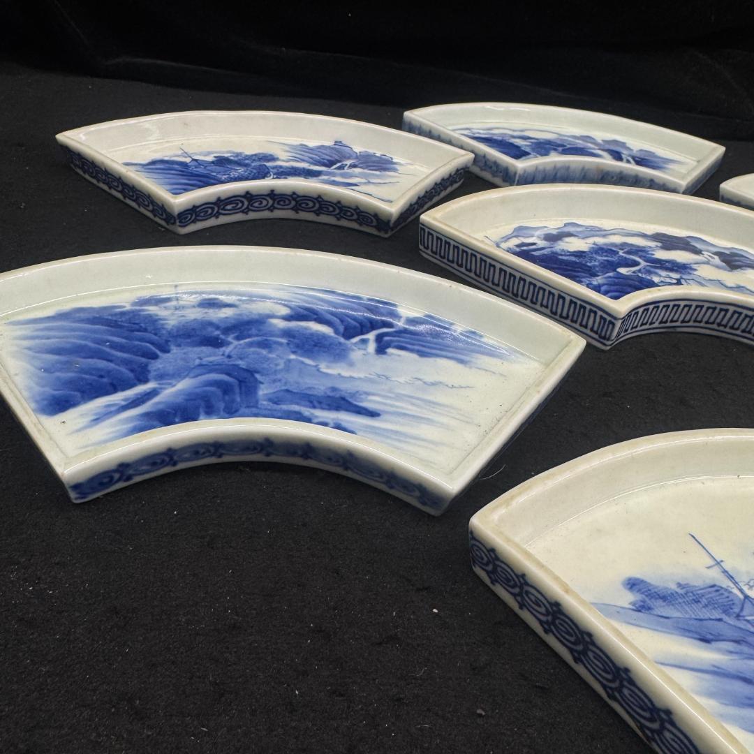 江戸時代 　古平戸 染付山水文扇形 皿 7枚