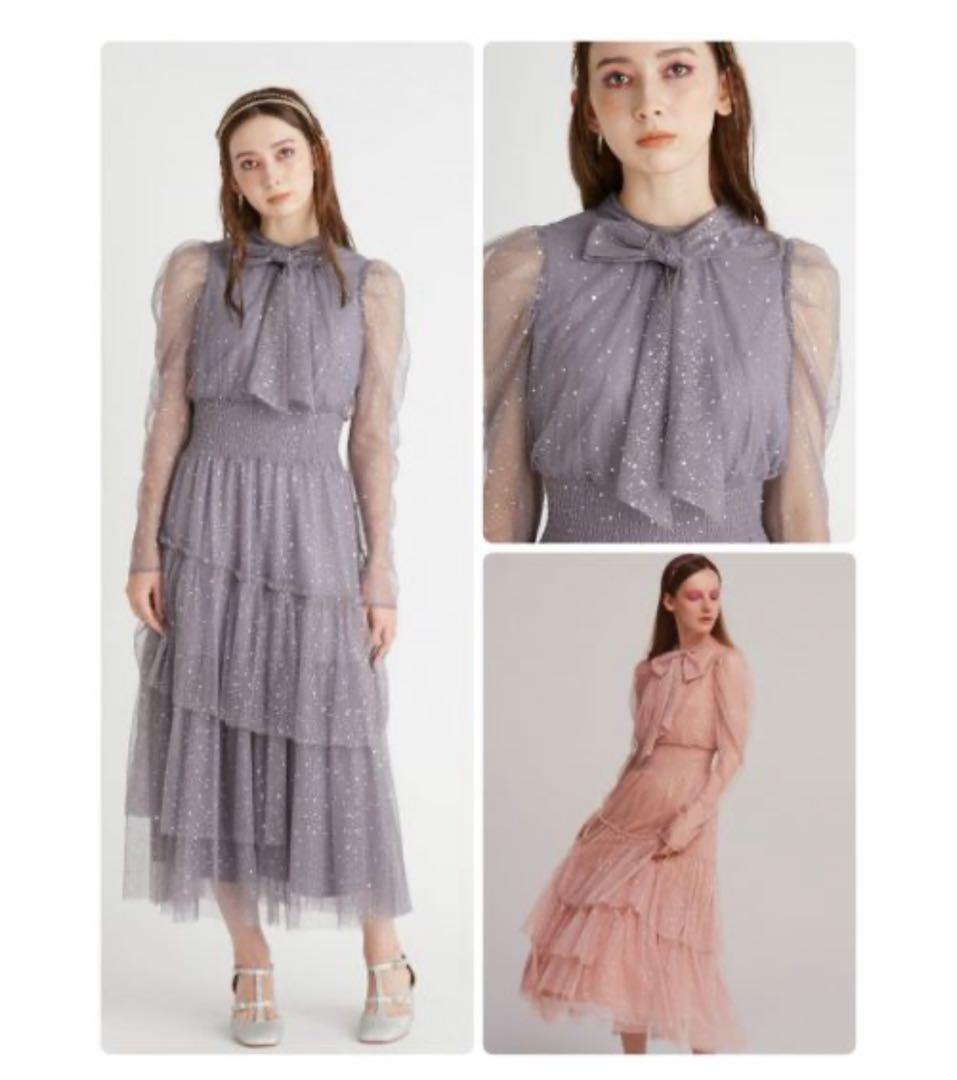 FURFUR グレー リボン付きラメチュールドレス