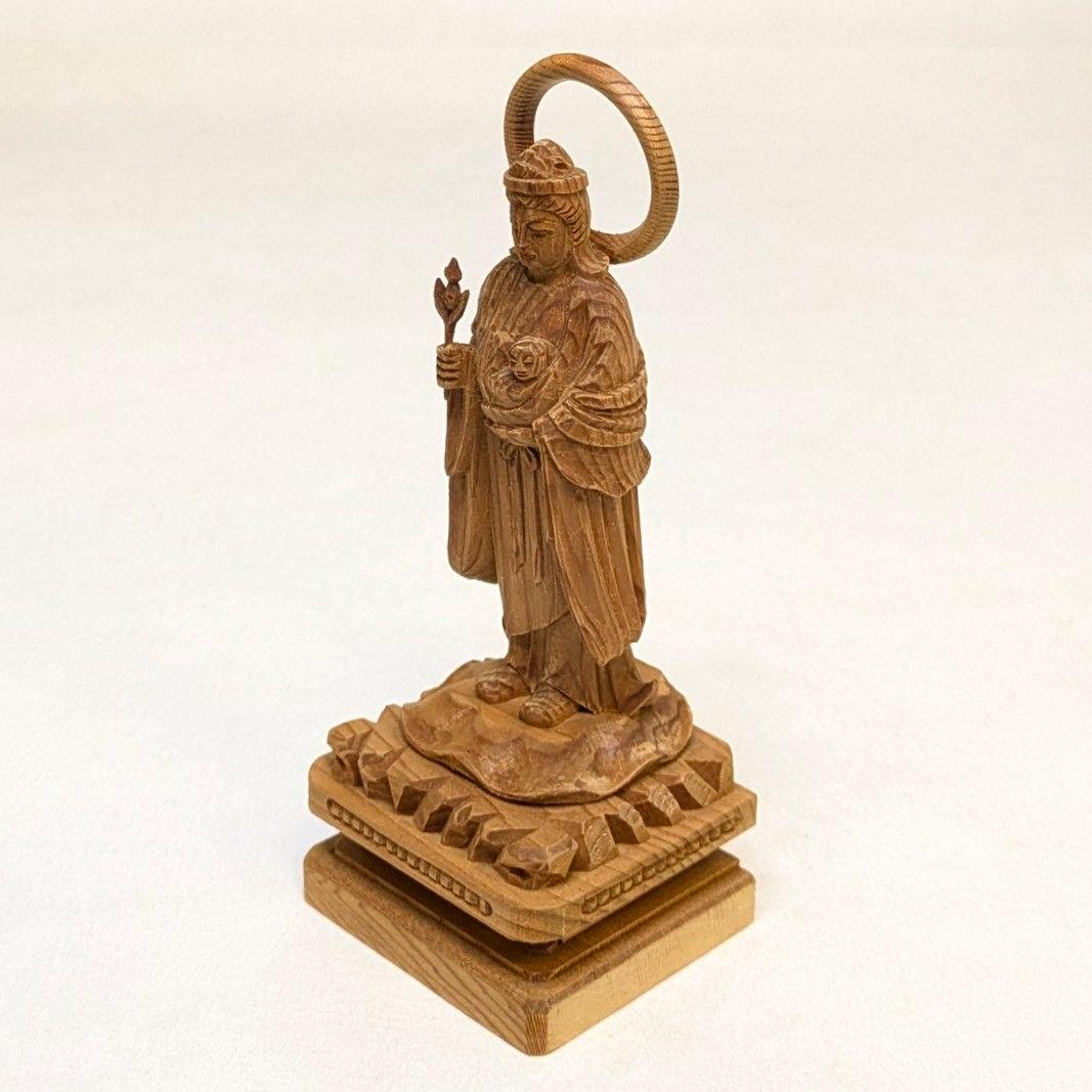 【フォロー割・新品】 子安鬼子母神　木地彫り　下台付　高さ約13cm　鬼子母神