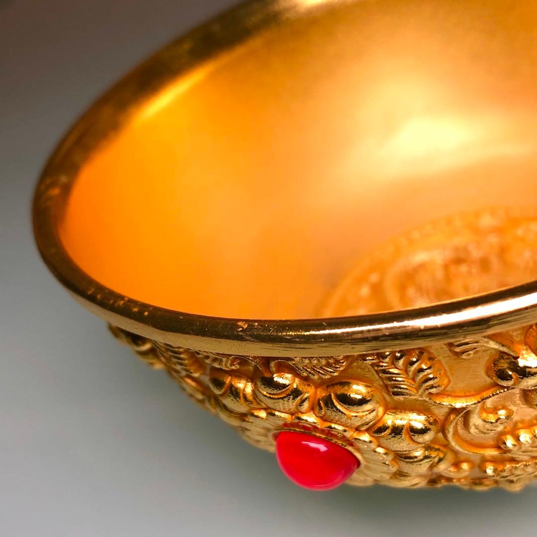 古美術　金わん　 龍鳳彫刻　清国 茶碗　吉祥花紋 流金鎮座 縁起物インテリア