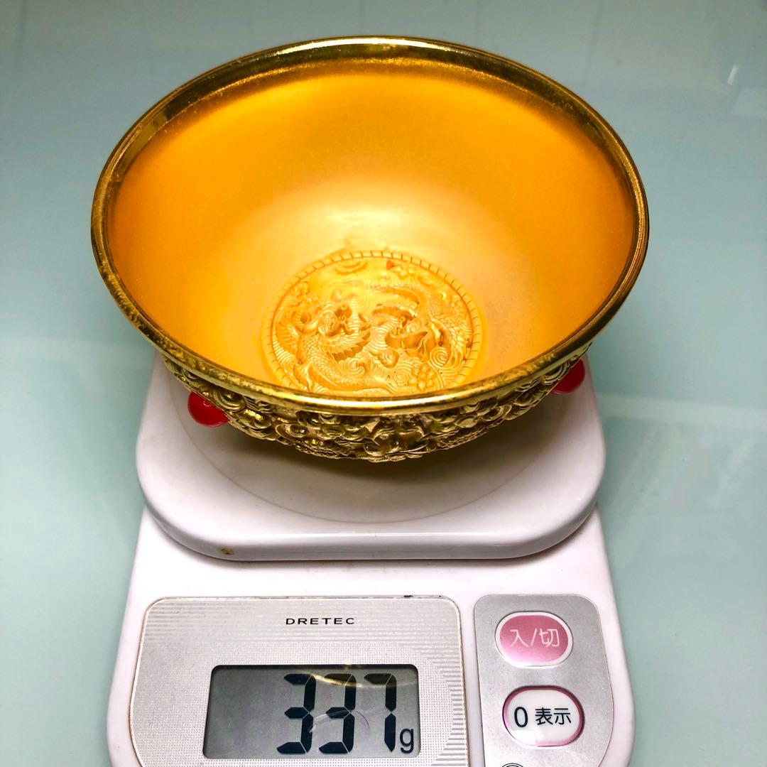 古美術　金わん　 龍鳳彫刻　清国 茶碗　吉祥花紋 流金鎮座 縁起物インテリア