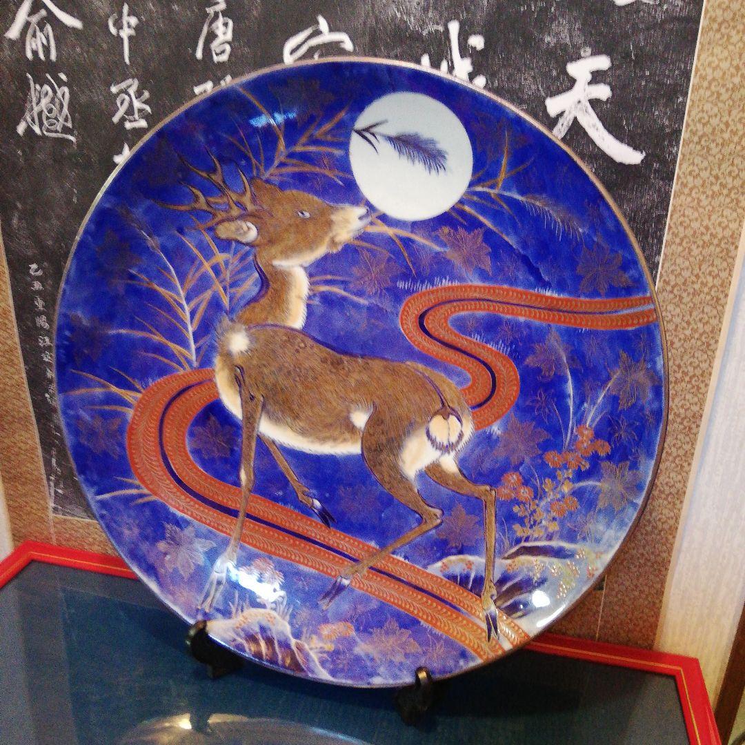 極美品明治時代初期～大正時代末期頃時代伊万里焼特大５５センチ鹿絵図大皿当時物