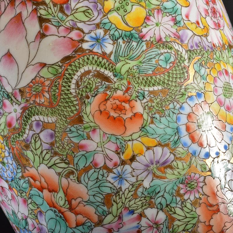 中国　中国景徳鎮製款　薄胎　粉彩百花龍文瓶　梅瓶　F　R6147B