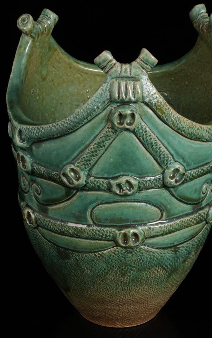 【富久窯 井上富三】縄文写花瓶 共箱 高さ37㎝ 緑釉 花器 花入 古美術 骨董