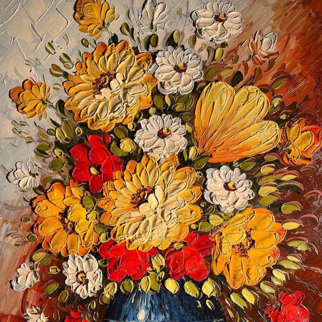 ★特大秀作★ 手書き油絵 花瓶の花 額付き インテリア 肉筆絵画 油彩画