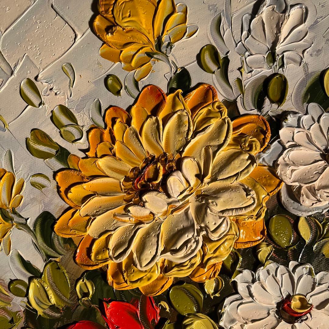 ★特大秀作★ 手書き油絵 花瓶の花 額付き インテリア 肉筆絵画 油彩画