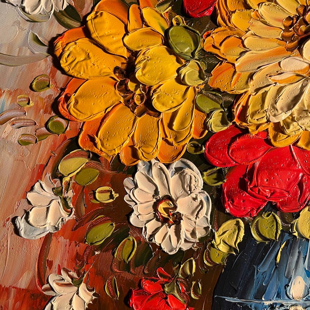 ★特大秀作★ 手書き油絵 花瓶の花 額付き インテリア 肉筆絵画 油彩画