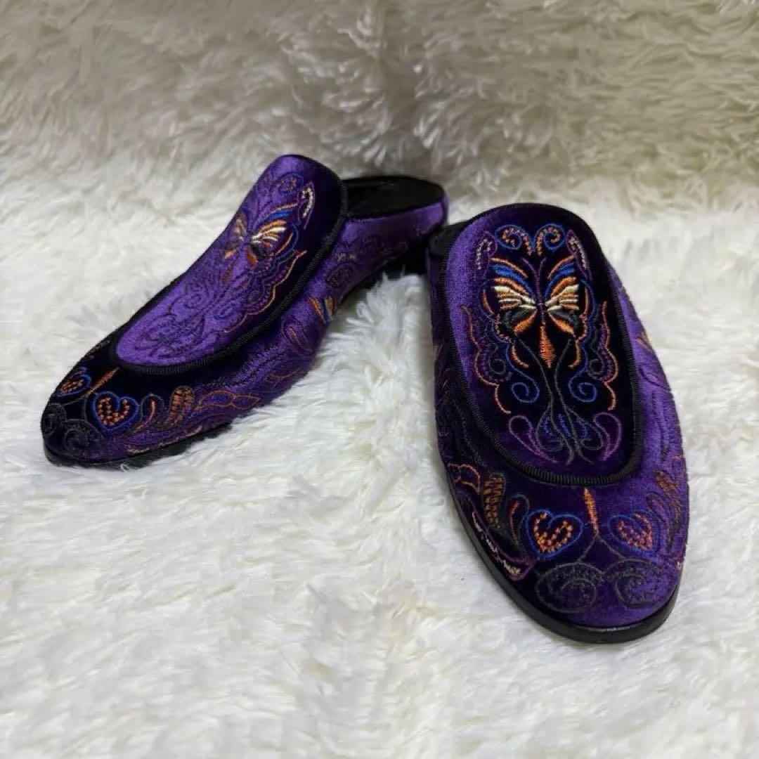 Needles ニードルズ バタフライ刺繍 ベルベットミュール 38