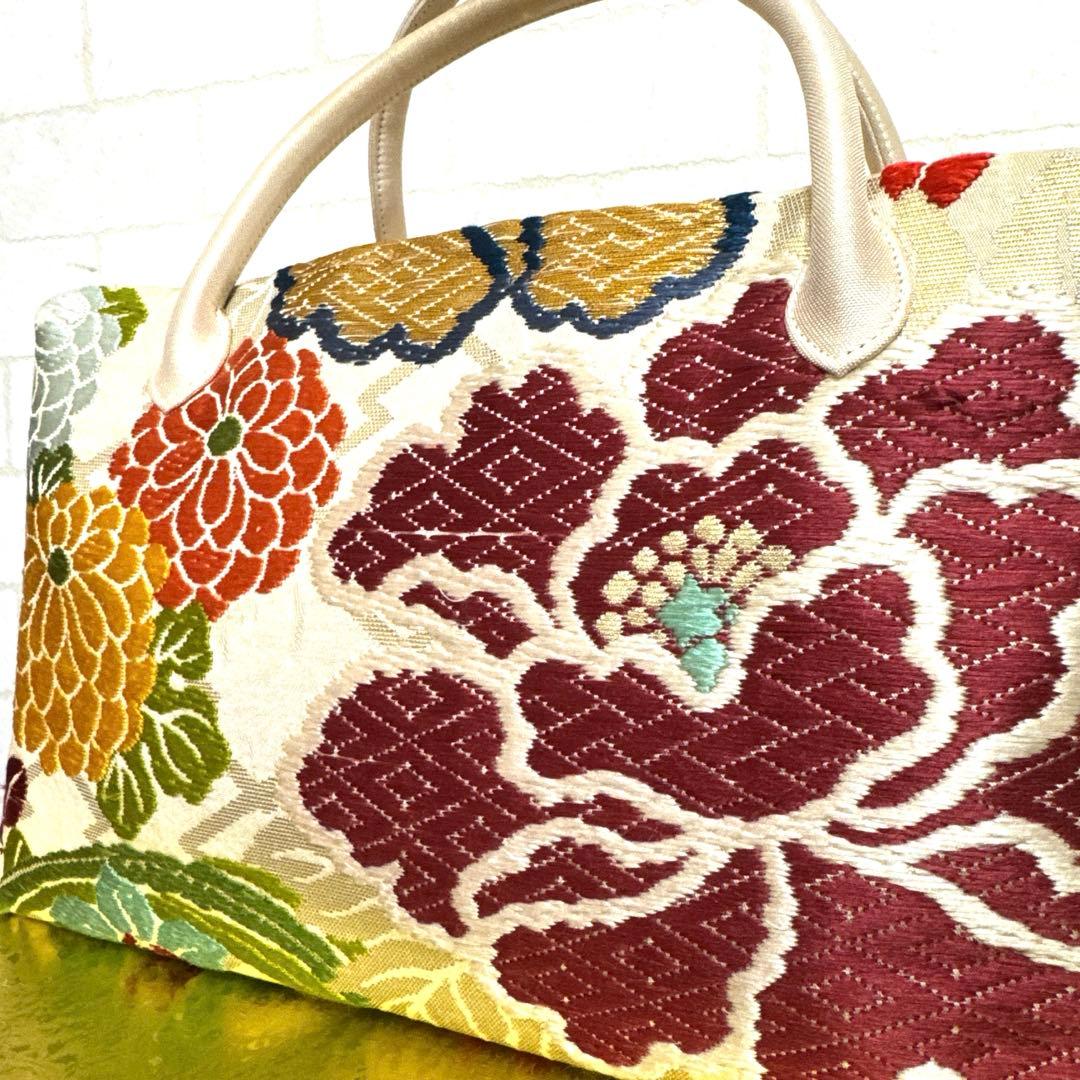 正絹 西陣唐織 大きめ利休バッグ 和装バッグ 金糸 帯地 逸品