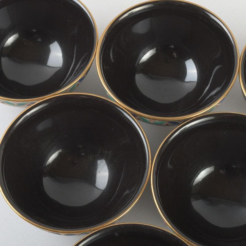 茶道具　京焼　平安　紫雲造　色絵　黒仁清七宝文　数茶碗　六客　V　9471