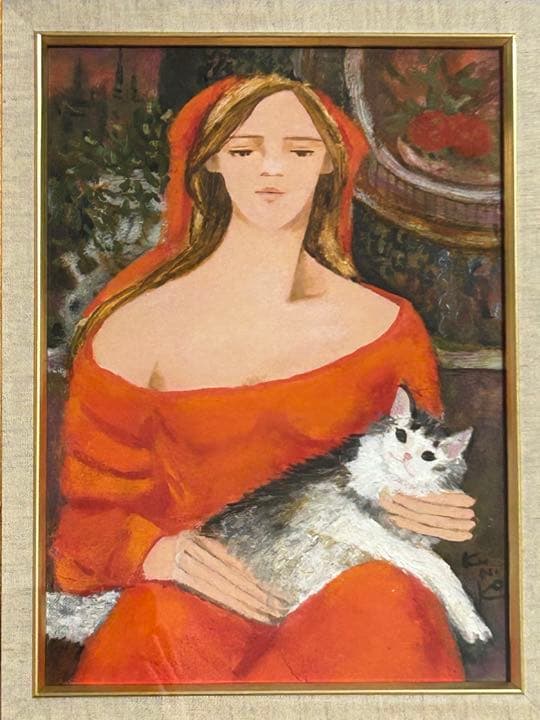 松任谷国子　猫と私　油絵　F4号