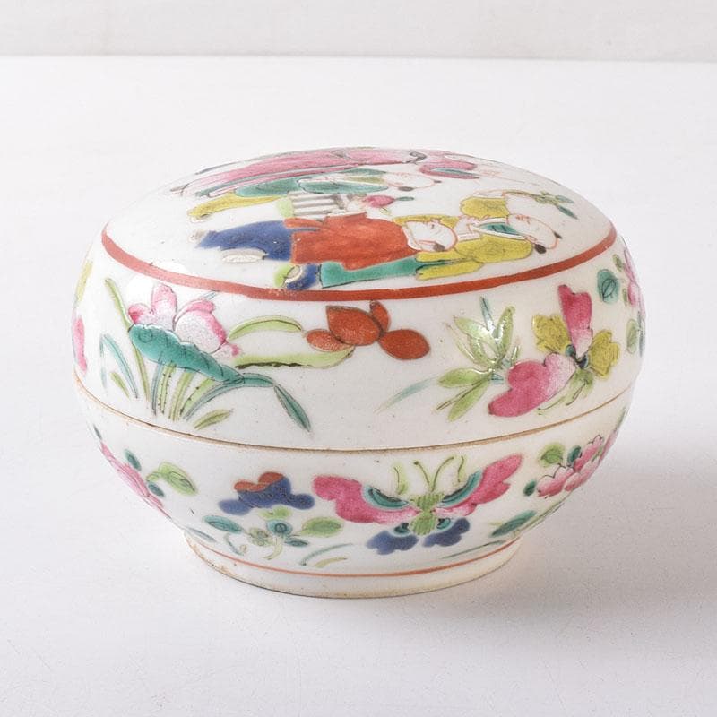中国　粉彩　蓮花人物文　盒子　香合　蓋物　合わせ箱　V　R8271
