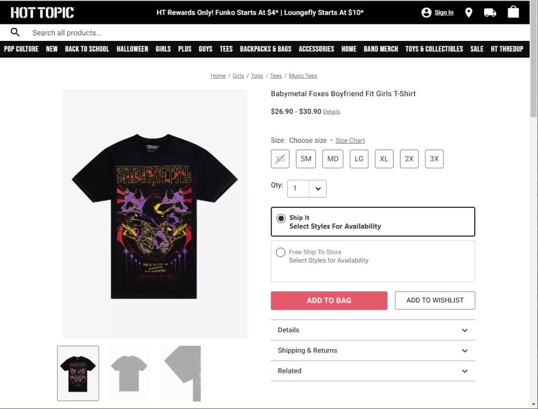 BABYLFoxesGirlsT-ShirtJ2XサイズHOTTOPIC