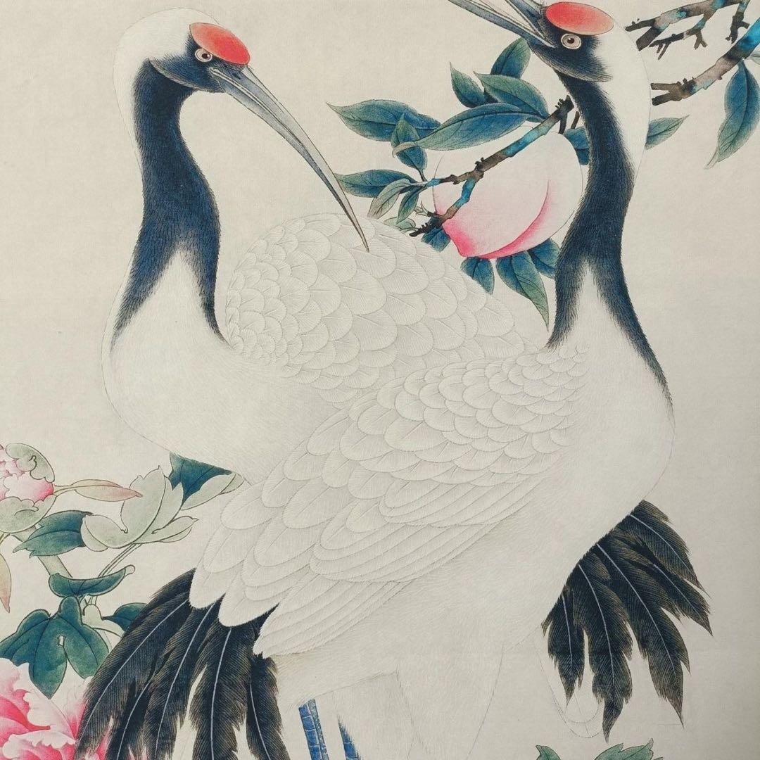 【証書付】齐白石 贺寿图 三尺中堂／縁起良い丹頂鶴図／掛軸