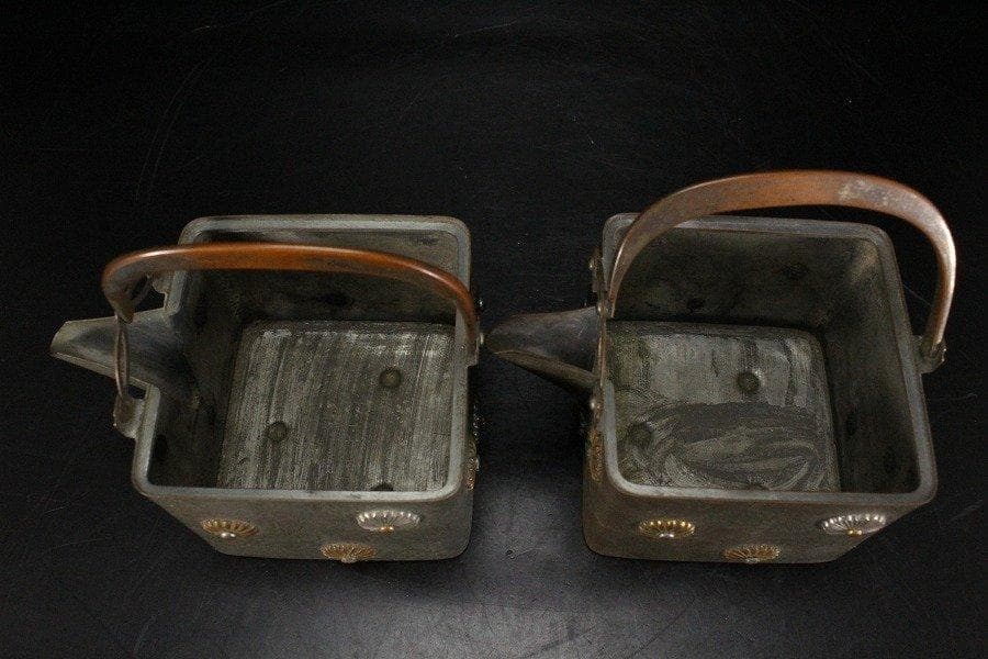 銅製 金銀菊紋 散らし 四方 銚子 酒器 一対 旧家蔵出