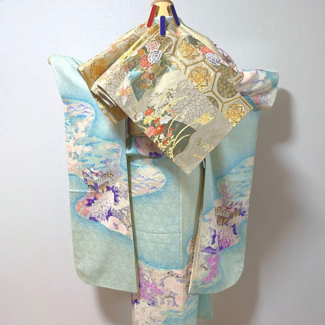 4 振袖フルセット 正絹 難あり 水色 紫 ピンク 銀彩 絞り 小柄さん レトロ