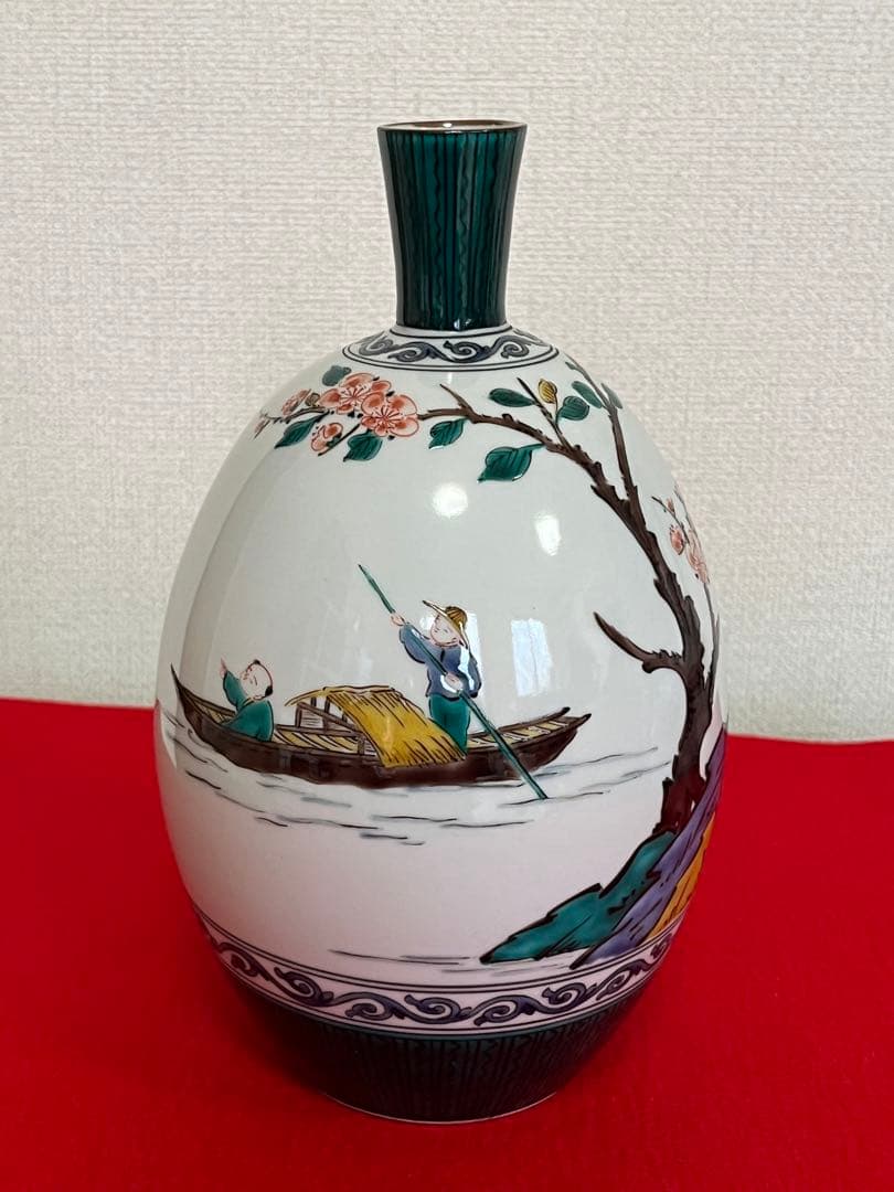 九谷の名工 三ツ井為吉作　 色絵 舟二人物図 花生　K322