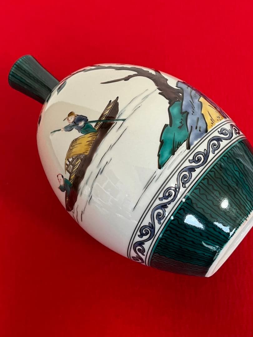 九谷の名工 三ツ井為吉作　 色絵 舟二人物図 花生　K322