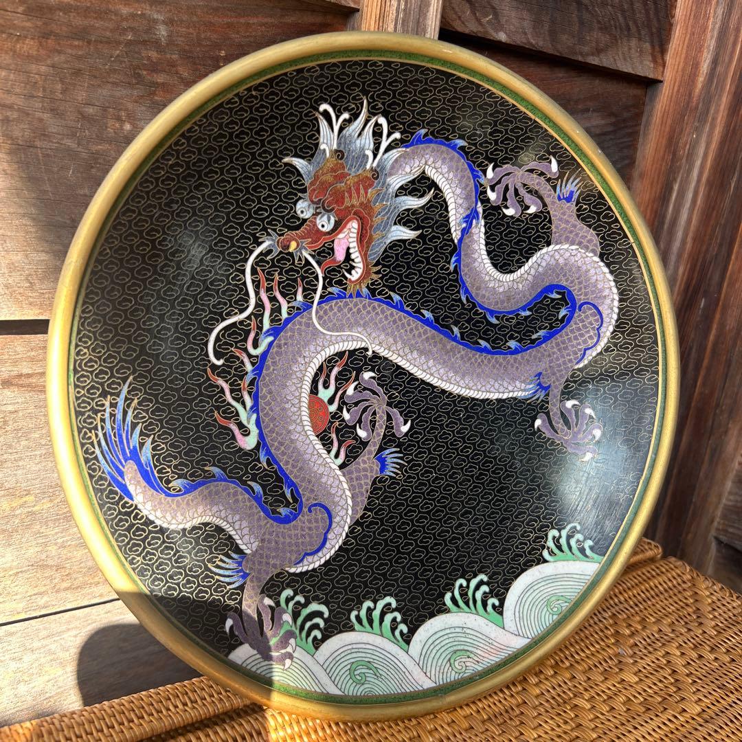 時代物 七宝皿 七宝焼 龍 縁起物 絵皿 置物
