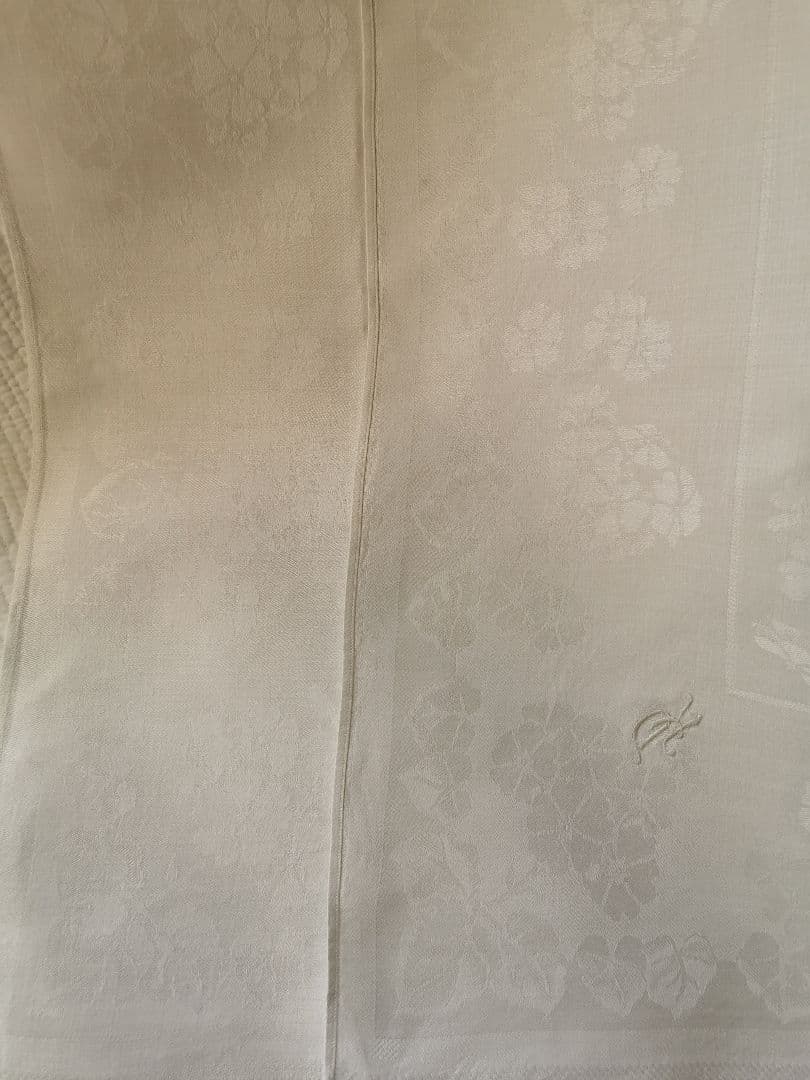 アンティーク ダマスク織 リネン 桜草 プリムラ 紫陽花風 イニシャル刺繍クロス