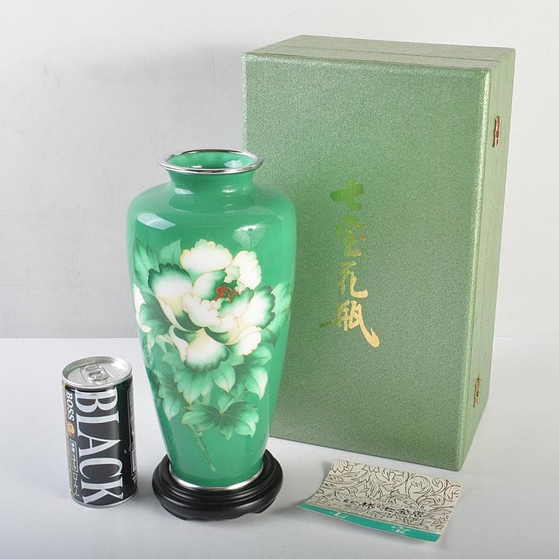 七宝焼　林七宝店 　牡丹文瓶　唐木台・箱付　M　R7378B