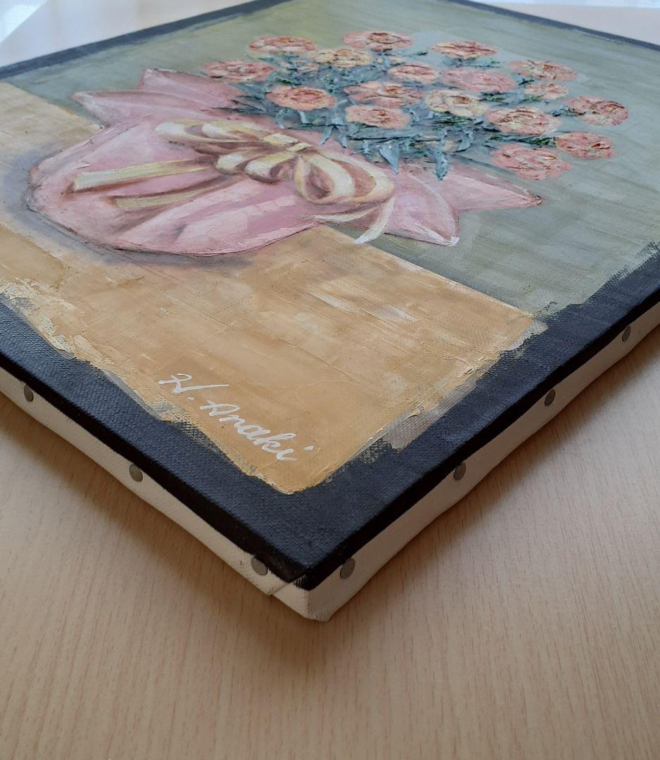 油絵　額入り　F8「母の日のカーネーション」