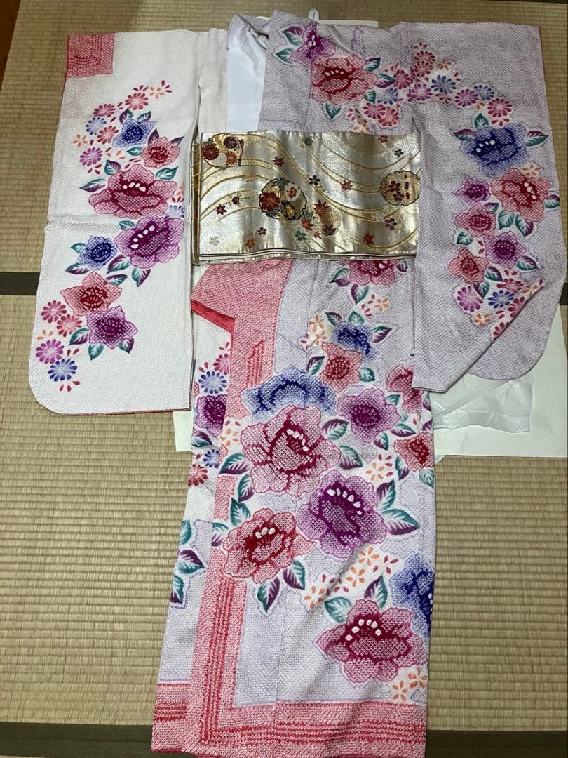 正絹　未使用品、総絞り振袖　　美品、袋帯