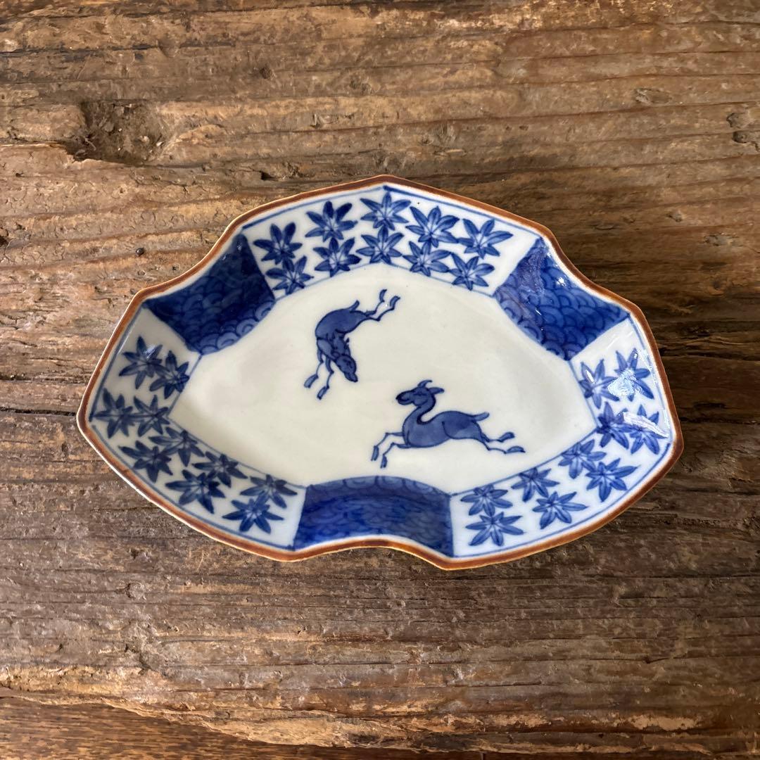 アンティーク変形小皿5点　明治　大正　印判染付古道具　検:白洲正子　李朝