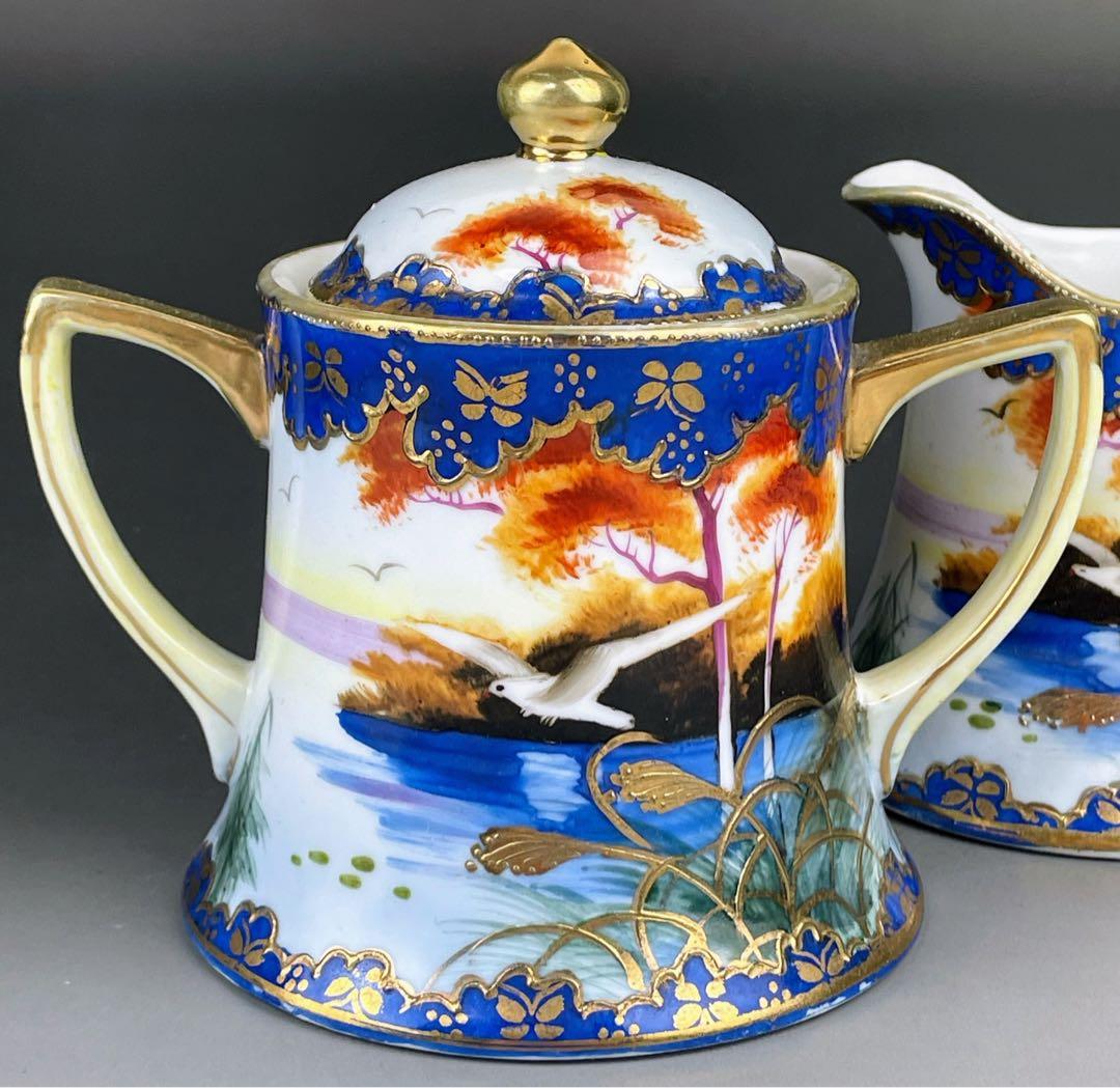 オールドニッポン カモメ 風景図 シュガーボウル クリーマー アールヌーボー