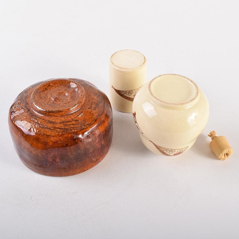 茶道具　桑茶箱　茶碗　振出など　九点　一式　仕覆付　V　R7633